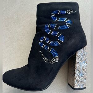 Crystal Embellished Heel Black Suade Booties - Size 7